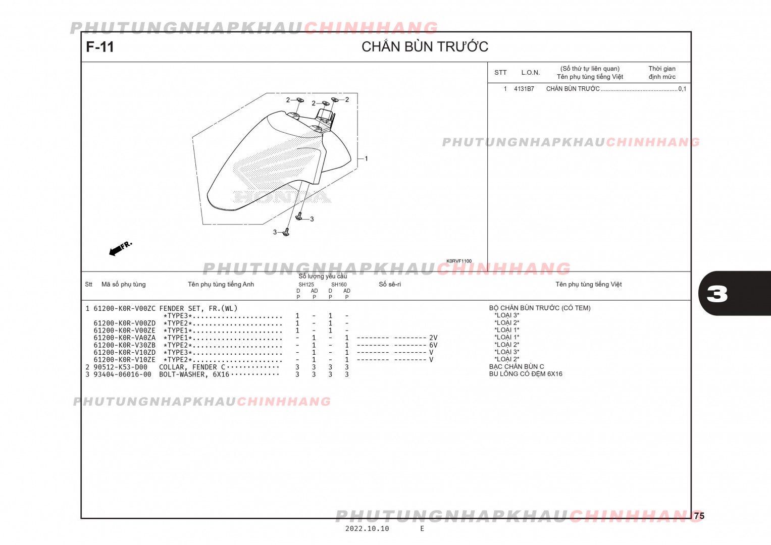 F11 - CHẮN BÙN TRƯỚC - HONDA SH 125-160 (K0R-K0S)