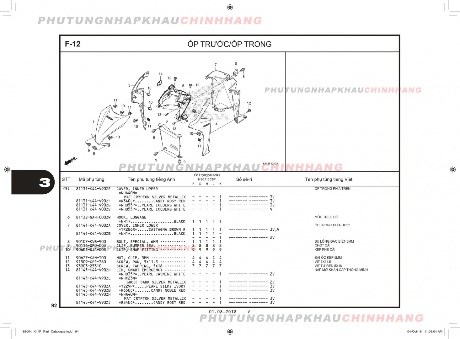 F12 - ỐP TRƯỚC TRONG - HONDA VISION 110 (K44)