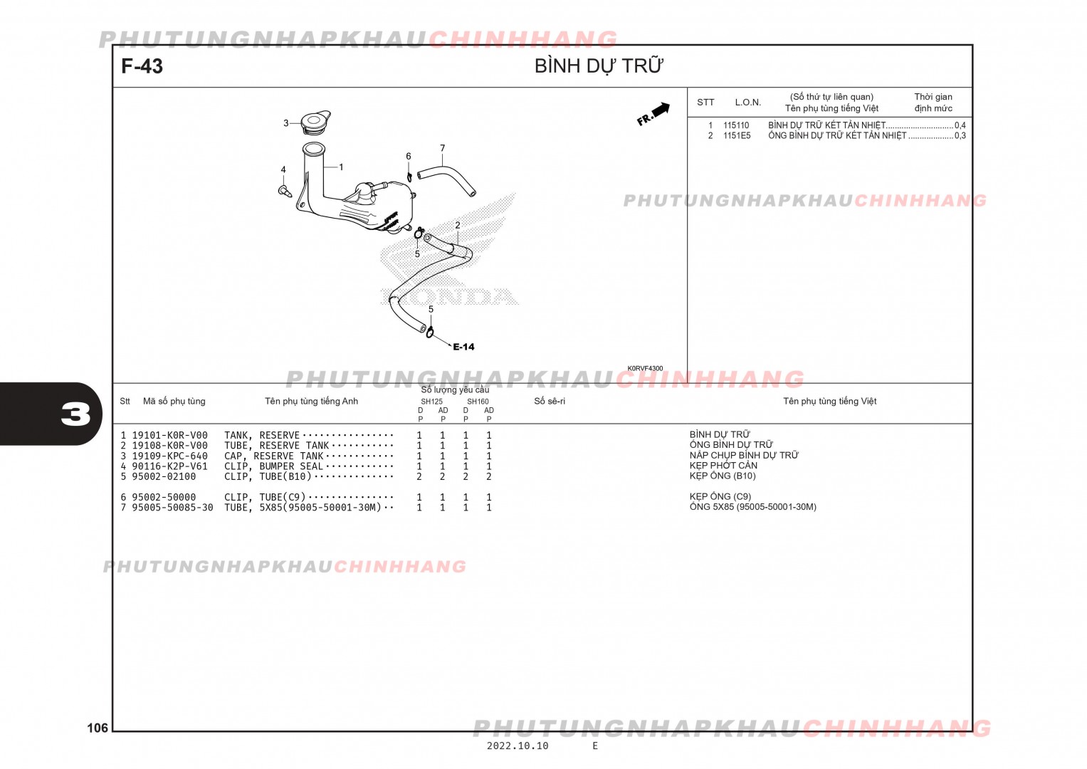 F43 - BÌNH NƯỚC PHỤ - HONDA SH 125-160 (K0R-K0S)