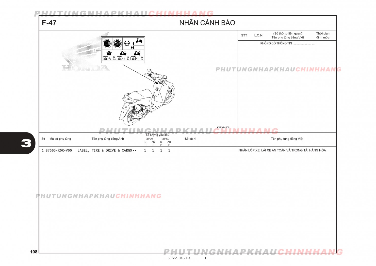 F47 - TEM CẢNH BÁO - HONDA SH 125-160 (K0R-K0S)