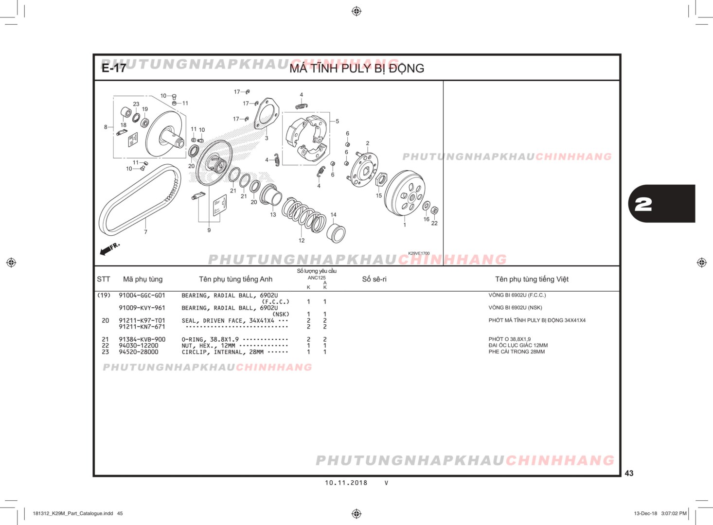 E17 - MÁ TĨNH PULY BỊ ĐỘNG - HONDA SH MODE 125 2013 (K29)