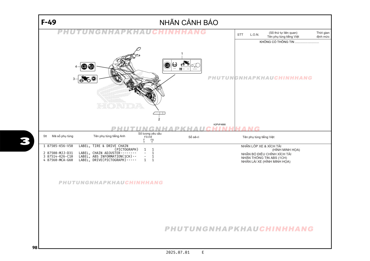 F49 - NHÃN CẢNH BÁO - HONDA WINNER R 150 (K2PT)