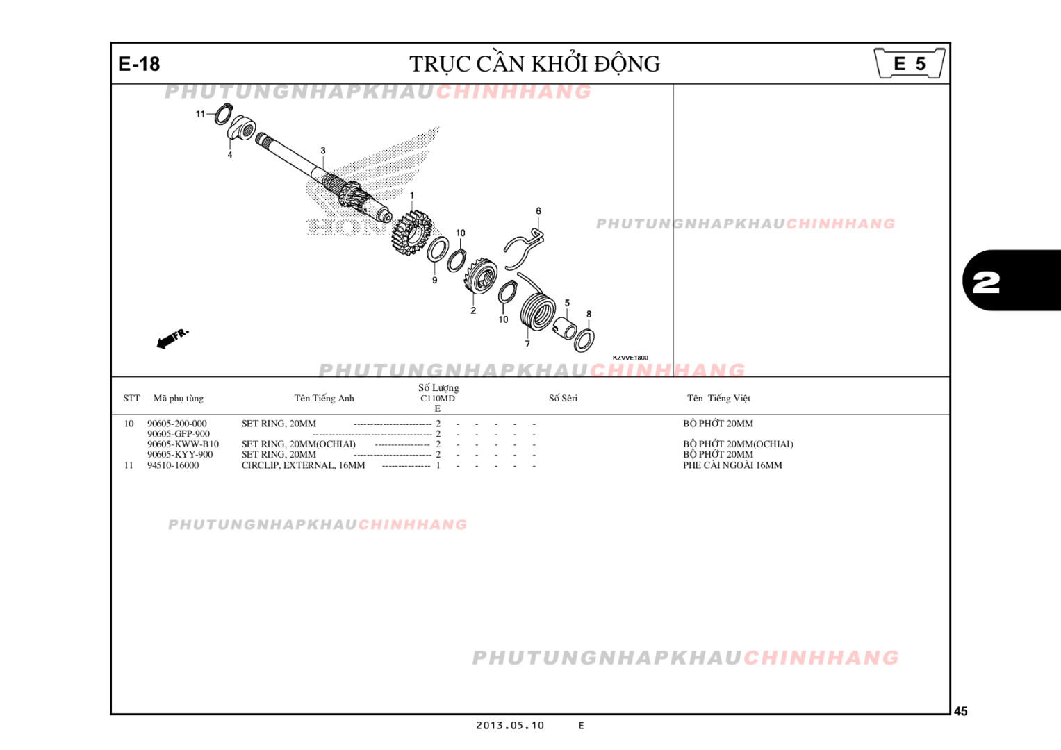 E18 - TRỤC CẦN KHỞI ĐỘNG - HONDA DREAM 110 (KZV)