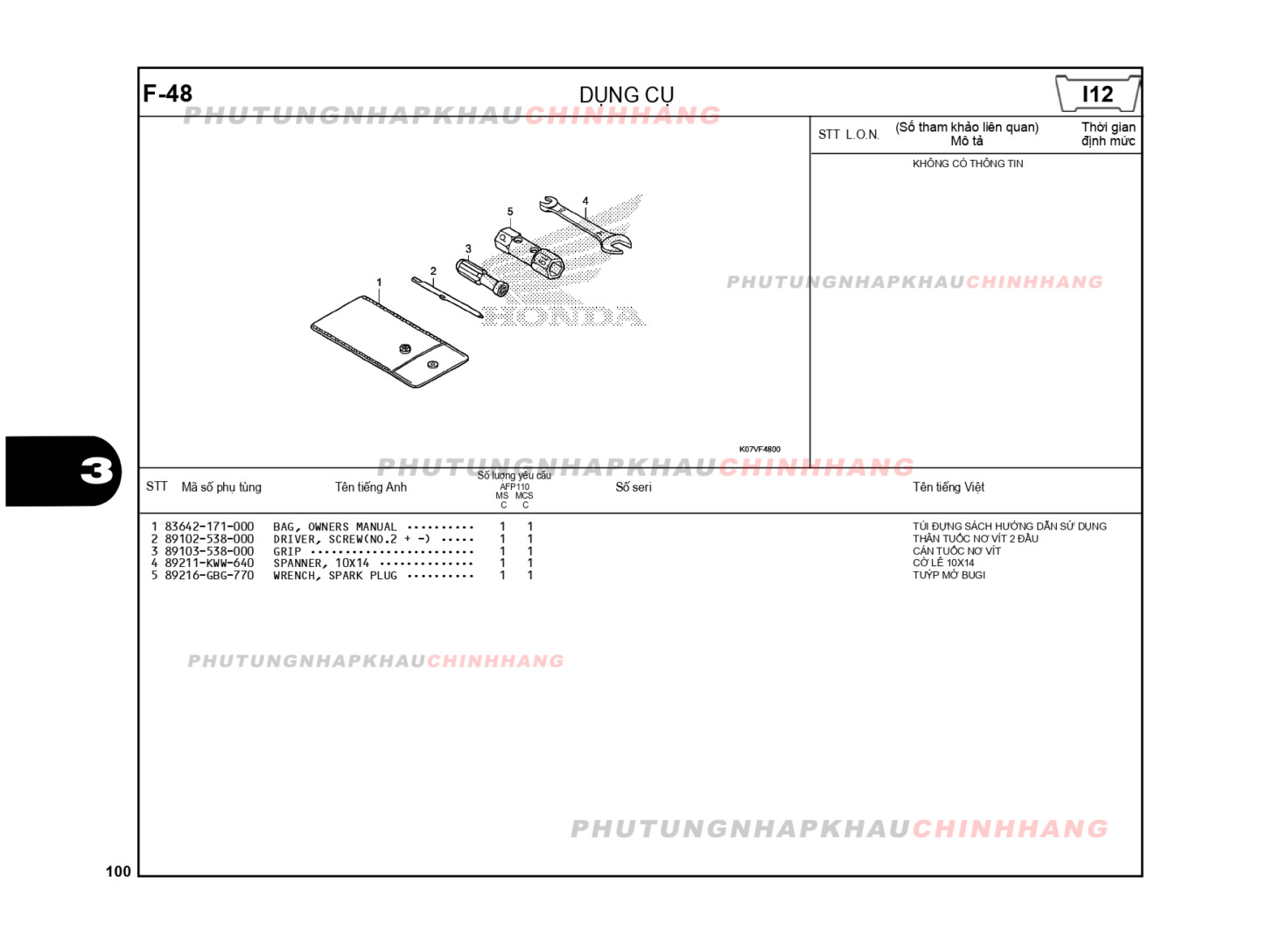 F48 - DỤNG CỤ - HONDA WAVE RSX 110 (K07)